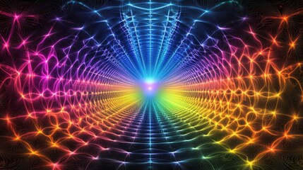 Fototapeta premium D graphic featuring glowing concentric rings in vibrant colors, arranged in a tunnel-like design over a dark backdrop.