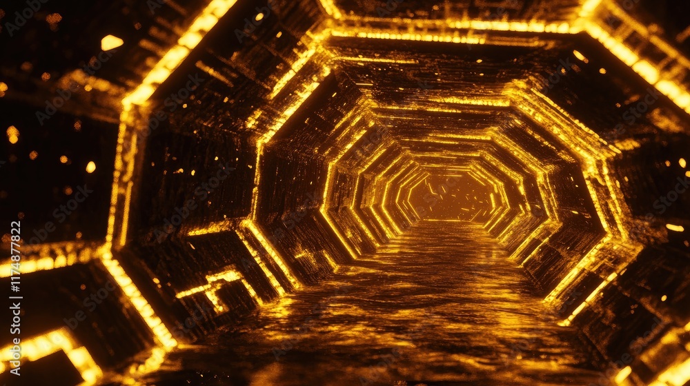 Poster d light tunnel graphic featuring glowing hexagonal pathways and depth perspective.