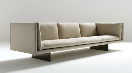 Modern beige sofa with clean lines and minimalist design.