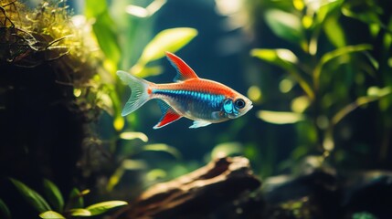 A vibrant neon tetra with blue and red hues swimming gracefully through lush aquatic plants.