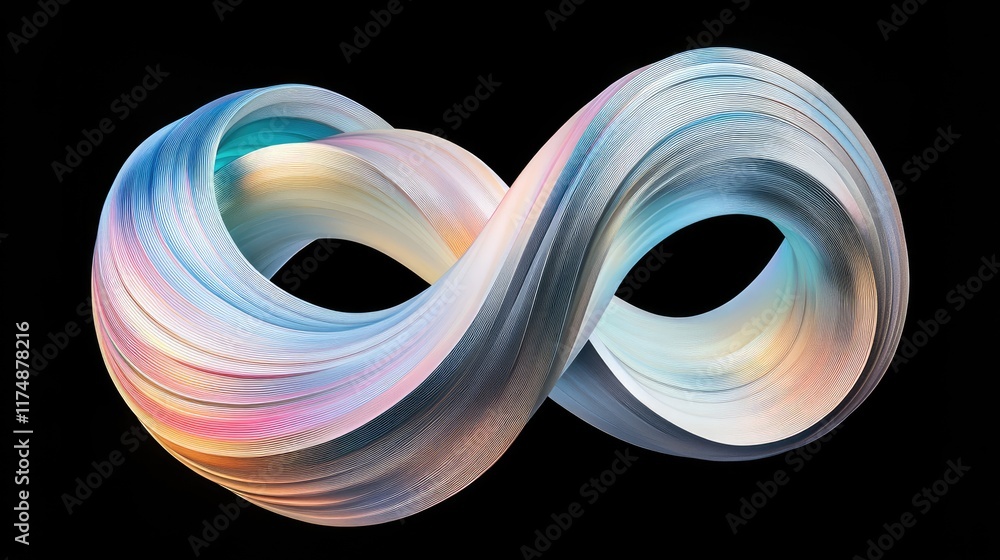 Fototapete d spiraling ribbon graphic with smooth textures and glowing neon hues over a black gradient backgrou