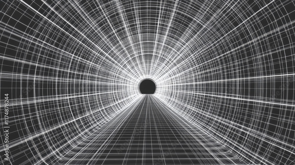 Aufkleber d wireframe tunnel design with glowing pathways and a futuristic sense of depth.
