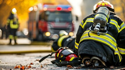 Fototapeta premium Firefighters coordinating equipment and strategy for an upcoming rescue mission operation