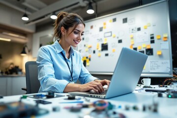 Woman focused on working on a laptop, sitting at a desk in a modern office. Whiteboard with sticky notes in the background. Concept of productivity. Ai generative