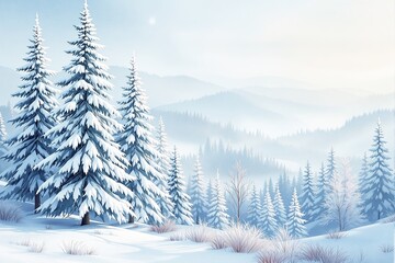 Obraz premium Snow-covered pine trees in a serene winter scene, with a misty mountain background and soft light. Peaceful nature scenery, winter concept. Ai generative