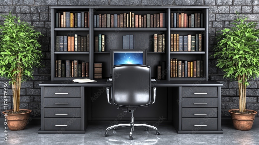 Aufkleber dark modern home office with built-in bookcases and computer workstation