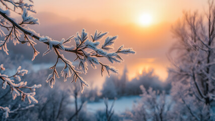 Obraz premium Early spring leaves with hoarfrost and winter snow in sunset light. Beautiful artistic nature closeup with blurred forest landscape, trees, sunlight misty view. Peaceful calm natural plants outdoors