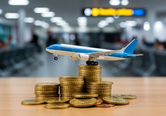 A toy airplane taking off from a stack of coins, symbolizing the cost of air travel