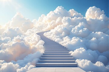 Stairway ascending through fluffy clouds into a serene blue sky, illuminated by sunlight. Dreamlike scenery symbolizing hope, peace, and transcendence. Ai generative