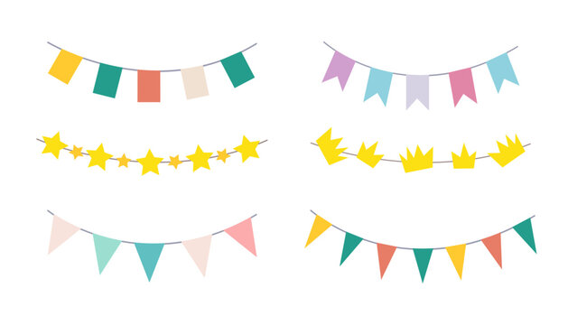 Colorful bunting flags on string for birthday party decoration set,holiday anniversary fabric garlands design,modern festive hanging decor.Isolated.Vector illustration.