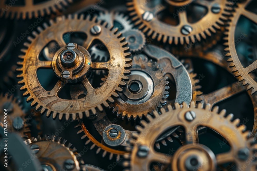 Poster close view of old metallic gears meshing together to form a machine