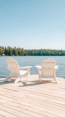 Two empty Adirondack chairs on a wooden deck overlook a tranquil lake at sunrise, surrounded by trees under a clear blue sky.