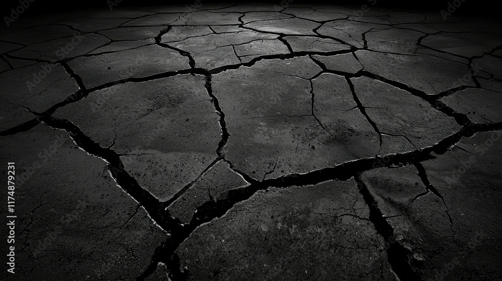 Poster close-up view of damaged asphalt surface with multiple cracks and texture details