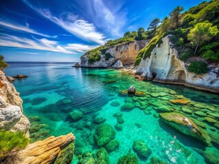 Obraz premium Idyllic Greek Island Seascape: Turquoise Waters & Coastal Cliffs