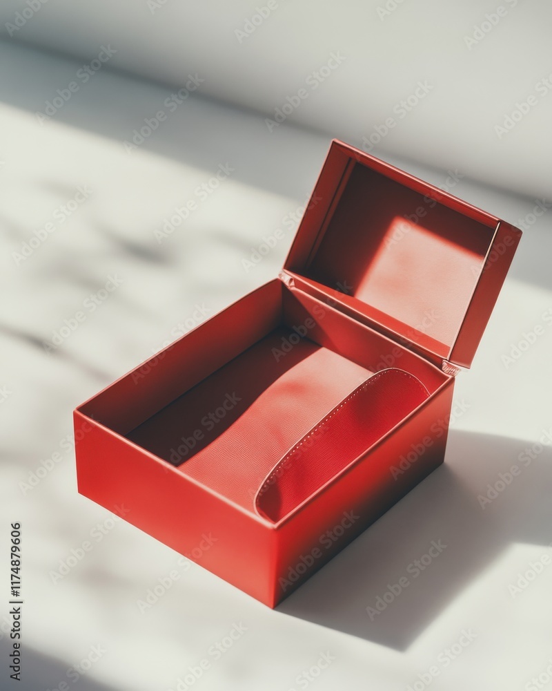 Poster a vibrant red gift box with an open lid, casting soft shadows in a minimalist setting.
