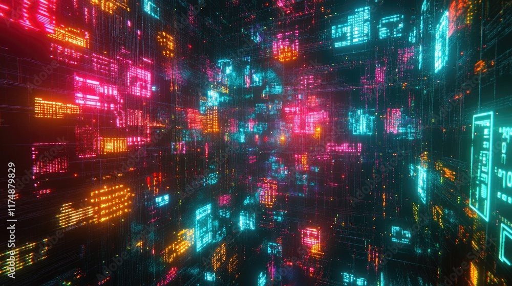 Poster abstract digital smart network with glowing nodes, wireless connections, and floating devices repres