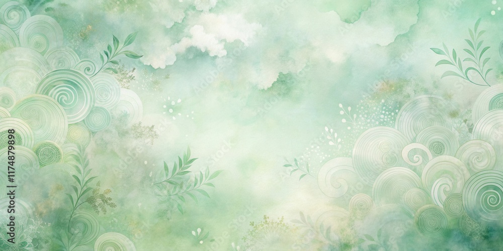 Wall mural serene mint green watercolor background with abstract floral and swirling patterns ideal for design 