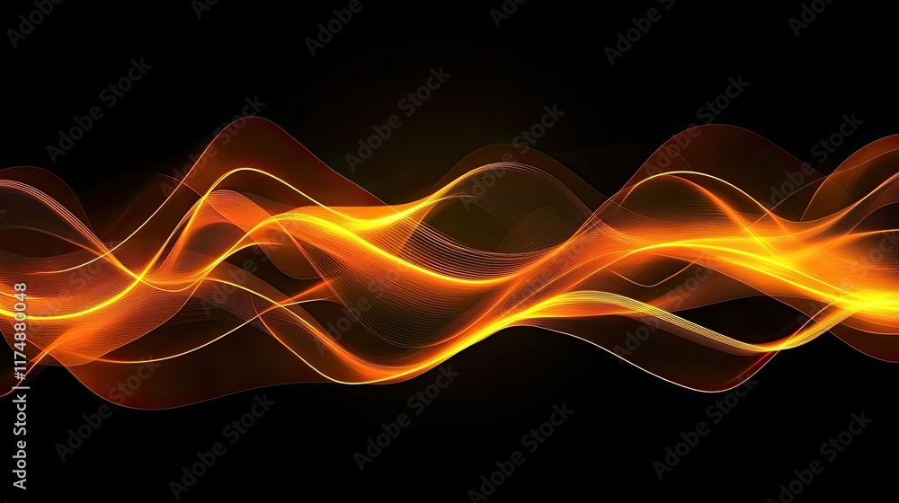Poster abstract dynamic graphic with glowing streaks and waveforms over a dark, futuristic canvas.