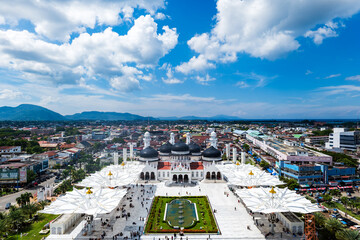 Aceh Grand Mosque, Baiturrahman Grand Mosque, aerial drone point of view. 