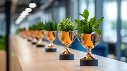 A series of awards displayed in a sleek glass cabinet, showcasing achievements and recognition.