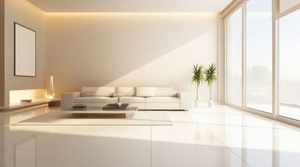 A minimalist living room with a sleek sofa, a coffee table, and a large window.