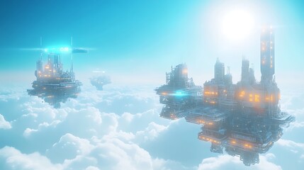 Obraz premium Futuristic Cloud City, Flying Vehicles, Bright Sun.