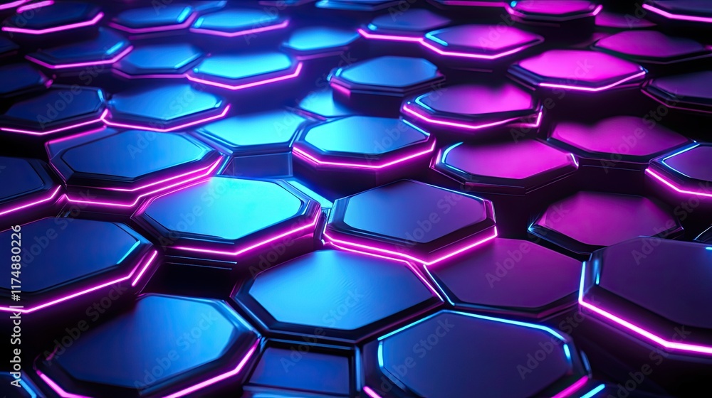 Poster abstract futuristic design with layered hexagonal patterns illuminated in neon blue and purple tones