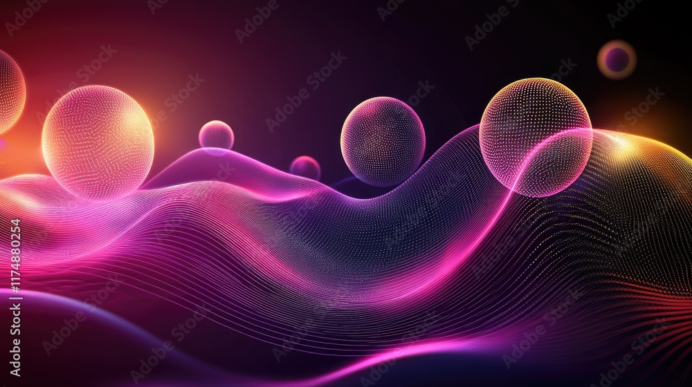 Poster abstract futuristic graphic featuring floating holographic spheres with dynamic light trails over a 