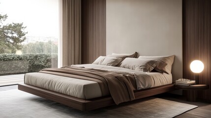 A modern bedroom with a platform bed, soft linens, and a minimalist nightstand.
