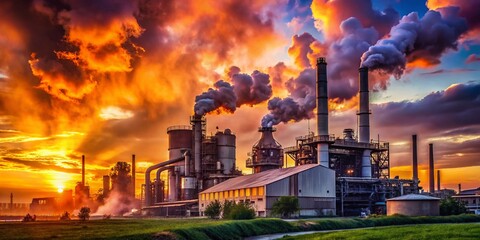 Obraz premium Industrial Pollution Sunset: Factory Emissions & Orange Sky