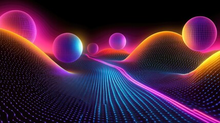 Abstract futuristic graphic featuring floating holographic spheres with dynamic light trails over a sleek black gradient.