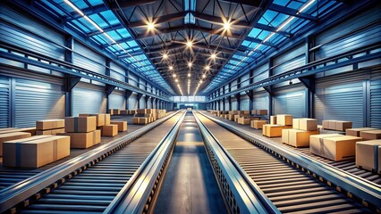 Obraz premium Industrial Warehouse Conveyor Belt System with Cardboard Boxes - Logistics and Supply Chain Stock Photo