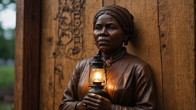 A serene wooden carving of Harriet Tubman, depicted with a lantern in hand, surrounded by carved underground railroads, chains, and freedom symbols.