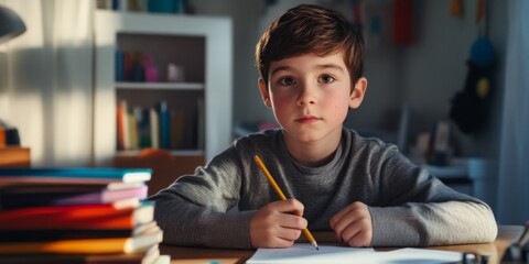 A young boy sits at a desk, deep in thought. He holds a pencil, ready to write or draw. His focused expression shows creativity and curiosity. The room is bright and inviting. AI