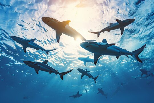 A serene underwater scene featuring a group of silhouetted sharks swimming gracefully in the deep blue ocean, capturing the mysterious beauty of marine life.