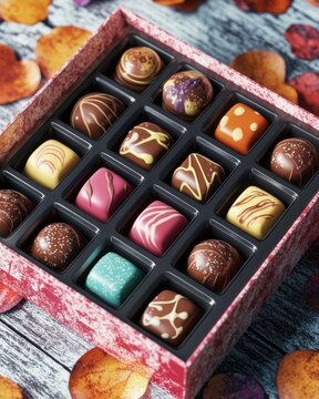 An elegant box of assorted chocolates showcasing vibrant colors and intricate designs, perfect for a gift.