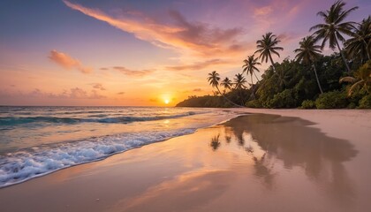 Tropical Sunset Serenity: Palm trees silhouette against a vibrant sunset over a tranquil beach, their reflections mirrored in the calm ocean waves. A picturesque scene of paradise. 