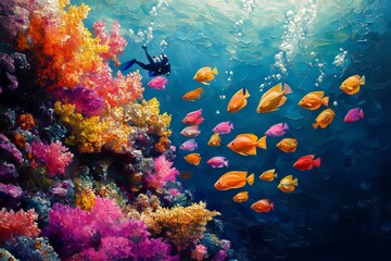 Naklejka premium A scuba diver exploring a vibrant coral reef teeming with colorful fish. Generative AI