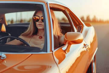 Naklejka premium A confident woman wearing sunglasses, seated in a vintage car, looking back over her shoulder with a stylish expression. Captures elegance and independence in a retro setting.