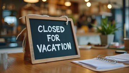 Business closed for vacation. Blackboard with the text Closed for holidays on the table