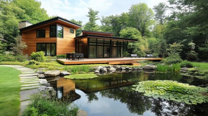 Obraz premium A modern single-family home surrounded by a beautiful garden and pond.