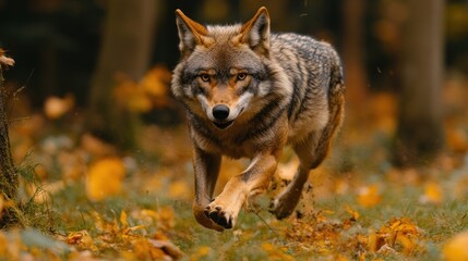 Fototapeta premium A wolf running through an autumn forest, showcasing its agility and natural beauty.