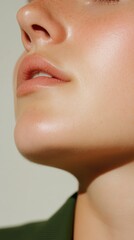 Close-up of a woman's smooth, radiant skin and soft lips, exuding elegance and tranquility with a warm, natural glow.