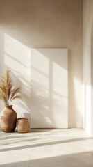 A minimalist room with a blank canvas and earthy decor, featuring a large pampas grass arrangement casting soft shadows in natural light.