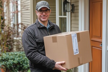 A mover carries a large cardboard box into a customer home, ensuring careful handling and professional service during the delivery process.