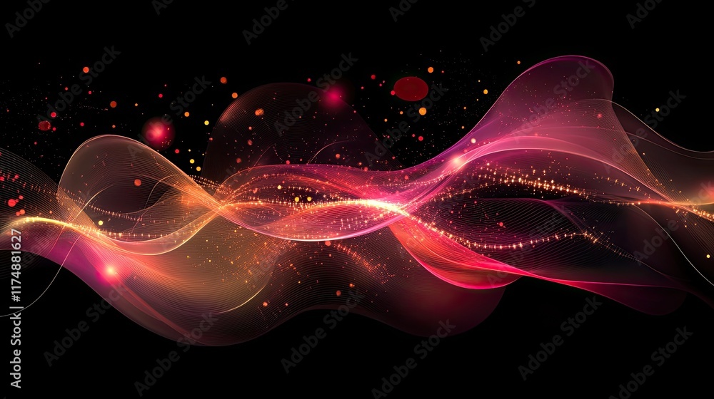 Poster abstract holographic digital interface with glowing data connections and light trails over a black b
