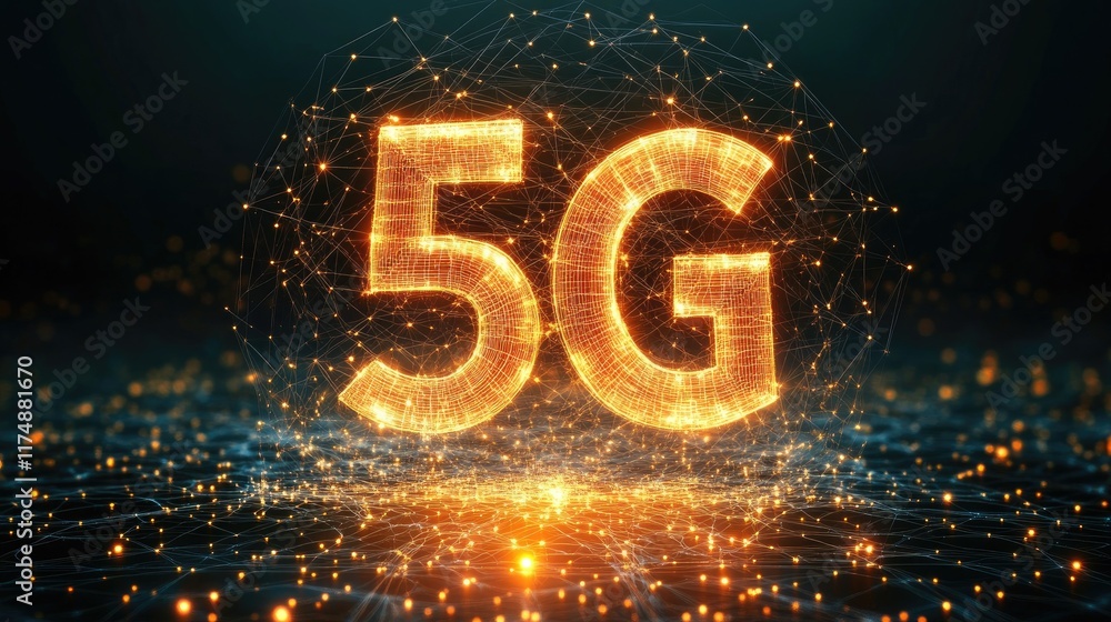 Poster abstract illustration of g technology with glowing signals and connected data points forming a digit