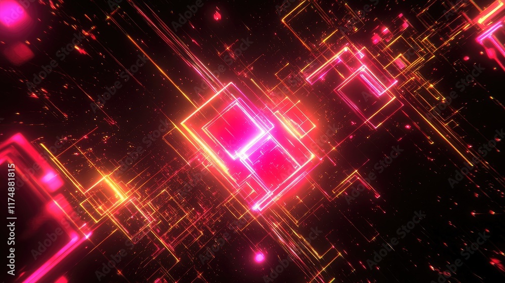 Poster abstract modern technology design with interlocking glowing squares and digital connections.