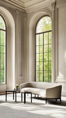 Fototapeta premium A sleek, modern living room with designer furniture and large, arched windows illuminated by natural light creating a serene atmosphere.