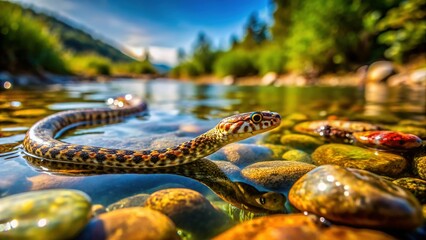 Obraz premium Dice Snake Underwater: Shallow River Bottom, Documentary Style